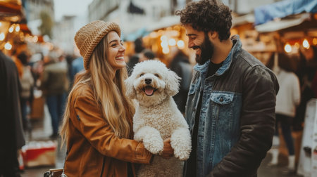 A couple posing with their fluffy white dog at a festive outdoor market filled with colorful lights and happy crowds.の素材