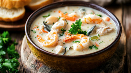 A creamy seafood chowder served in a golden bread bowl with parsley garnish, set on a rustic wooden table.の素材