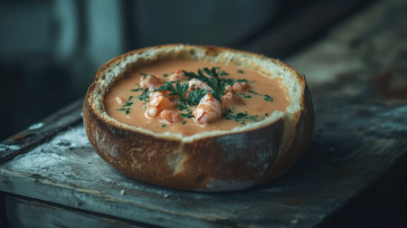 A creamy seafood chowder served in a rustic bread bowl, garnished with parsley, on a weathered wooden table.の素材