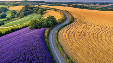 A curving hillside road with a cyclist weaving through fields of vibrant lavender and golden wheat.の素材