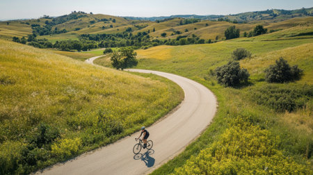A cyclist navigates a curving road that winds through golden fields and lush green hills at the peak of summer.の素材