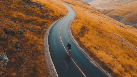 A cyclist traverses a scenic road that cuts through vibrant meadows and gently sloping hills in perfect harmony with nature.の素材