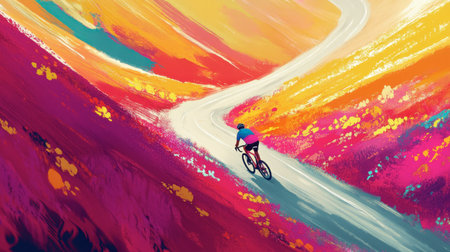 A cyclist riding peacefully on a winding road through vibrant meadows and hills, with sunlight streaming down.の素材