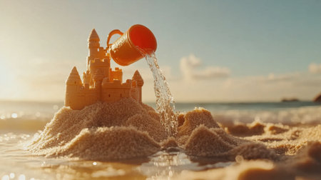 A playful scene of a sea bucket being used to pour water into a moat around a sandy fortress.の素材