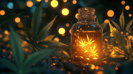 A radiant image of CBD oil in a glass bottle paired with bright green cannabis leaves and colorful bokeh dots.の素材