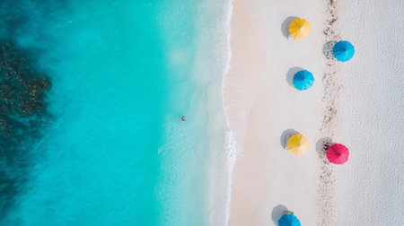 A peaceful Maldivian beach with vibrant turquoise waters, white sand, and a few beach umbrellas.の素材