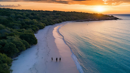 A relaxing moment on Koh Samet beach, with people enjoying a peaceful walk along the shoreline during sunset.の素材