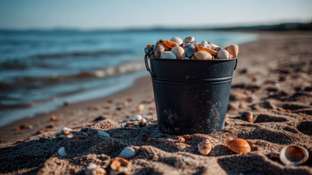 A sea bucket overflowing with collected shells and pebbles, surrounded by footprints on a tranquil beach.の素材