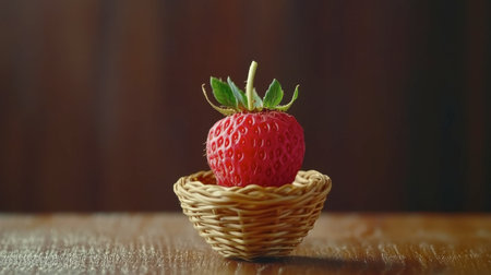 A bold red raspberry sits delicately in a tiny basket, showcasing its intricate texture.の素材
