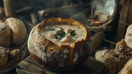 A bread bowl filled with creamy seafood chowder, garnished with parsley, and surrounded by rustic wooden decor.の素材