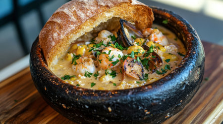 A bread bowl of seafood chowder with parsley garnish on a wooden table, creating a warm and rustic dining experience.の素材
