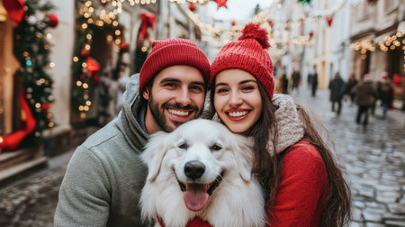 A cheerful couple in matching winter beanies posing with their fluffy white dog on a cobblestone street lined with festive decorations.の素材