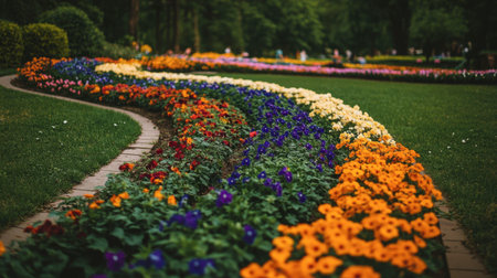 A colorful mosaic of blooming flowers at Flora Park, creating a stunning visual impact.の素材