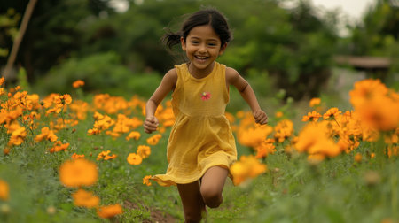 A child running through the flower fields at Flora Park, surrounded by nature's beauty.の素材
