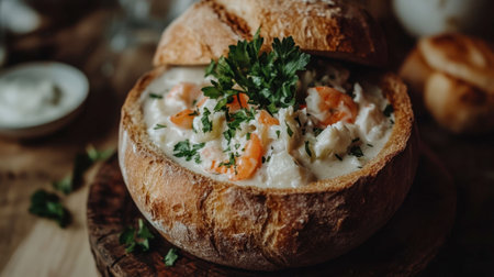 A close-up of creamy seafood chowder in a bread bowl, garnished with fresh parsley, served on a rustic wooden table.の素材