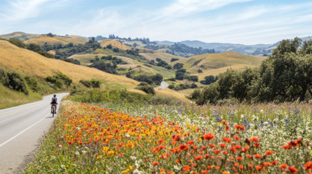 A cyclist enjoying a calm ride on a quiet hill road flanked by vibrant fields of wildflowers and tall grasses.の素材