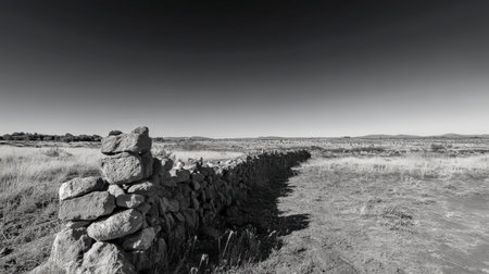 A desolate field with a single, crumbling stone wall stretching into the distance.の素材