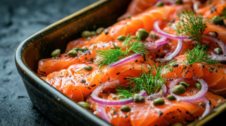 A dish of smoked salmon slices garnished with capers, red onions, and fresh dill.の素材