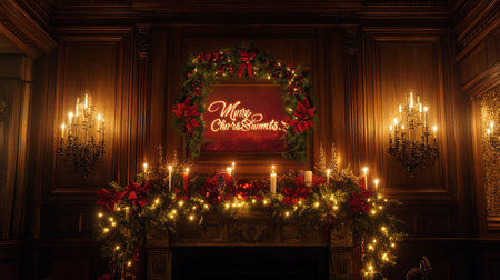 A festive mantelpiece with garlands, glowing fairy lights, and a Merry Christmas sign.の素材