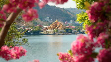 A close-up of the Royal Palace of Pranburis intricate architecture, framed by blooming flowers and sea views.の素材