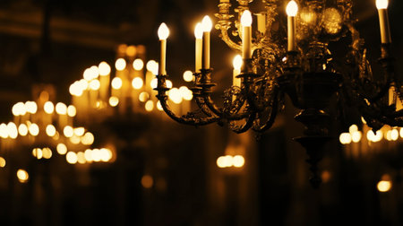A detailed shot of the chandeliers in the Hall of Mirrors at Versailles Castle, highlighting their regal craftsmanship.の素材