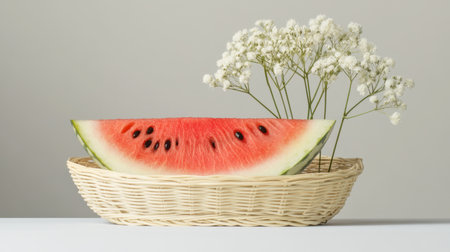 A fresh watermelon slice displayed in a simple straw basket, perfect for a summer vibe.の素材