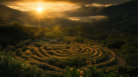 A dreamy sunrise over Flora Park, casting golden light on the vibrant flower garden below.の素材