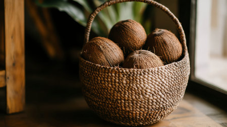 A fresh coconut rests in a tropical-style basket, its fibers adding texture to the scene.の素材