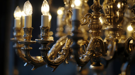 A detailed shot of the chandeliers in the Hall of Mirrors at Versailles Castle, highlighting their regal craftsmanship.の素材