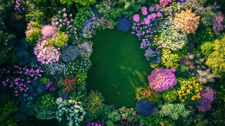 A drone view of Flora Park, showcasing the vast expanse of vibrant flowers against a lush green backdrop.の素材