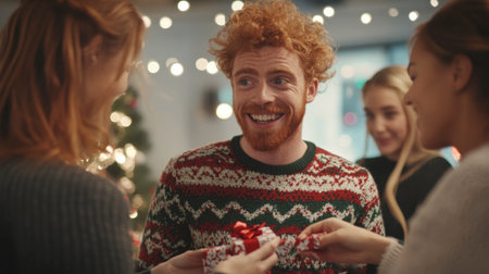A festive gift exchange at an office party with colleagues wearing Christmas sweaters and enjoying the season.の素材