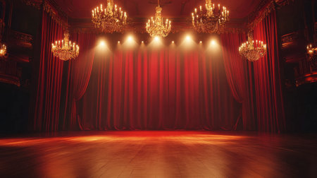 A grand stage with deep red curtains, vintage chandeliers, and polished wooden floors, illuminated by golden spotlights.の素材