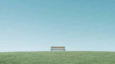 A grassy hilltop under a cloudless sky, with a single wooden bench.の素材