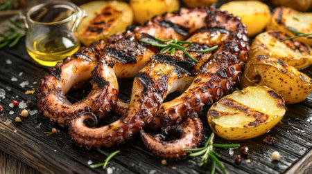 A grilled octopus tentacle served with roasted potatoes and a drizzle of olive oil.の素材