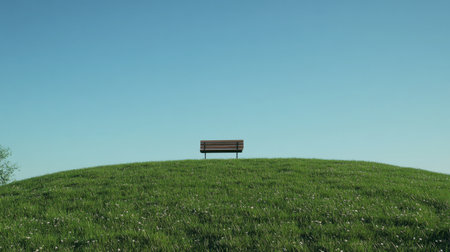 A grassy hilltop under a cloudless sky, with a single wooden bench.の素材