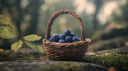 A juicy blueberry rests alone in a small, wooden basket, with soft-focus foliage behind.の素材