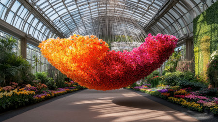 A hanging flower basket display at Flora Park, showcasing cascading blooms in bright colors.の素材