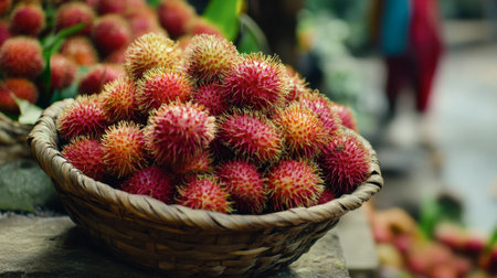 A juicy rambutan rests in a shallow basket, its spiky skin standing out.の素材