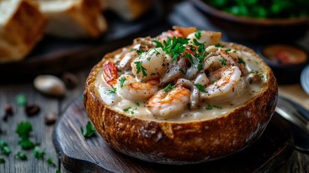 A hearty seafood chowder in a bread bowl, topped with parsley, on a wooden table with a warm, rustic setting.の素材