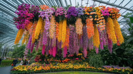 A hanging flower basket display at Flora Park, showcasing cascading blooms in bright colors.の素材