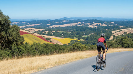 A lone cyclist pedaling along a hilltop road with sweeping views of a vibrant valley below and clear blue skies above.の素材
