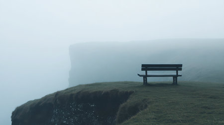 A lone bench on a cliffside overlooking a misty valley below.の素材