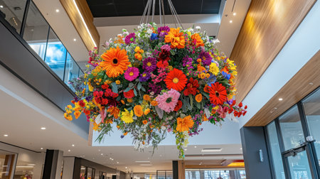 A hanging flower basket display at Flora Park, showcasing cascading blooms in bright colors.の素材