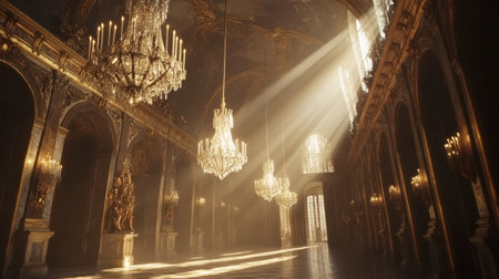 A historic perspective of Versailles Castle's Hall of Mirrors, featuring the interplay of chandeliers and ornate design.の素材