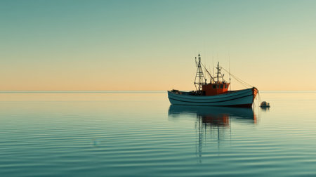 A lonely fishing boat on a calm sea with a vast expanse of water around it.の素材
