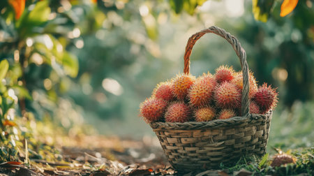 A juicy rambutan rests in a shallow basket, its spiky skin standing out.の素材