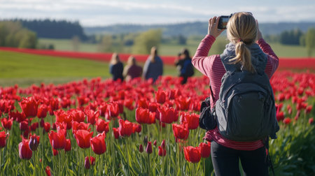A group of visitors enjoying the breathtaking flower fields at Flora Park, capturing memories with their cameras.の素材