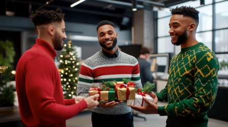 A festive gift exchange at an office party with colleagues wearing Christmas sweaters and enjoying the season.の素材