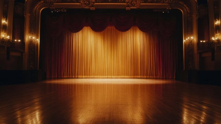 A lavish stage bathed in soft amber light, with deep burgundy curtains and an expansive polished wooden floor.の素材