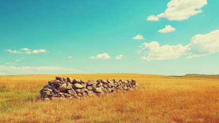 A desolate field with a single, crumbling stone wall stretching into the distance.の素材